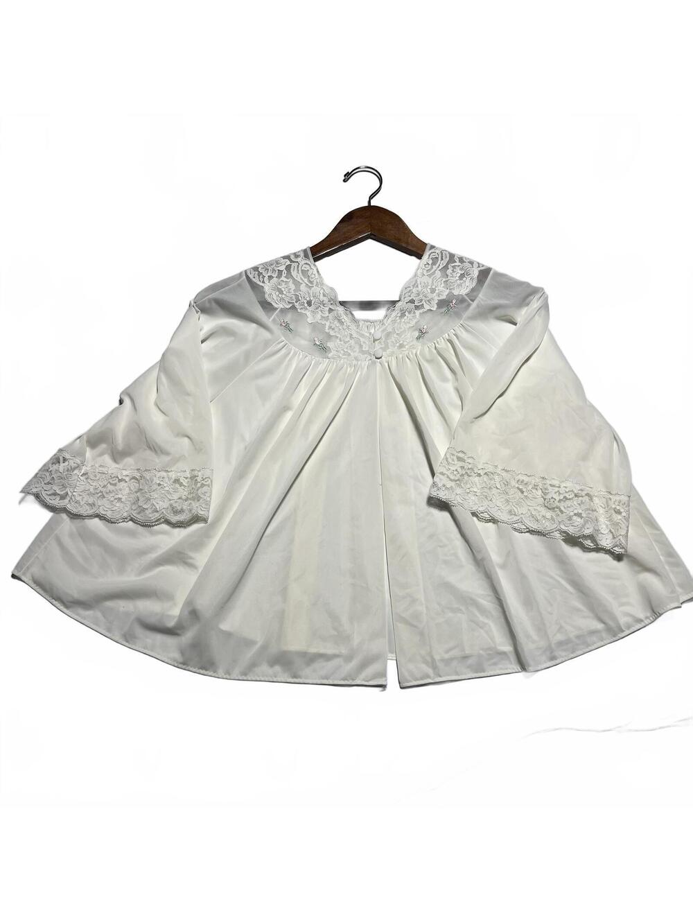 Vintage Shadowline White Medium Nylon Bed Jacket Lounge Top Lace Button Cottage